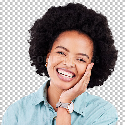 Buy stock photo Portrait, fashion and smile with a black woman isolated on a transparent background for trendy style. Happy, clothes and confident with a young afro female model posing on PNG for a magazine cover