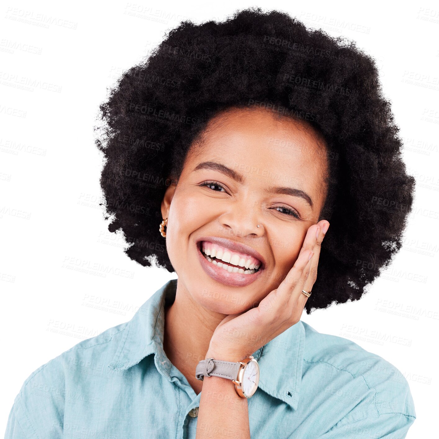 Buy stock photo Portrait, fashion and smile with a black woman isolated on a transparent background for trendy style. Happy, clothes and confident with a young afro female model posing on PNG for a magazine cover