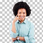 Black woman, studio portrait and smile with beauty, afro and hand gesture for thinking, mindset or confidence. Happy african, girl and model with happiness, fashion or natural glow by gray background