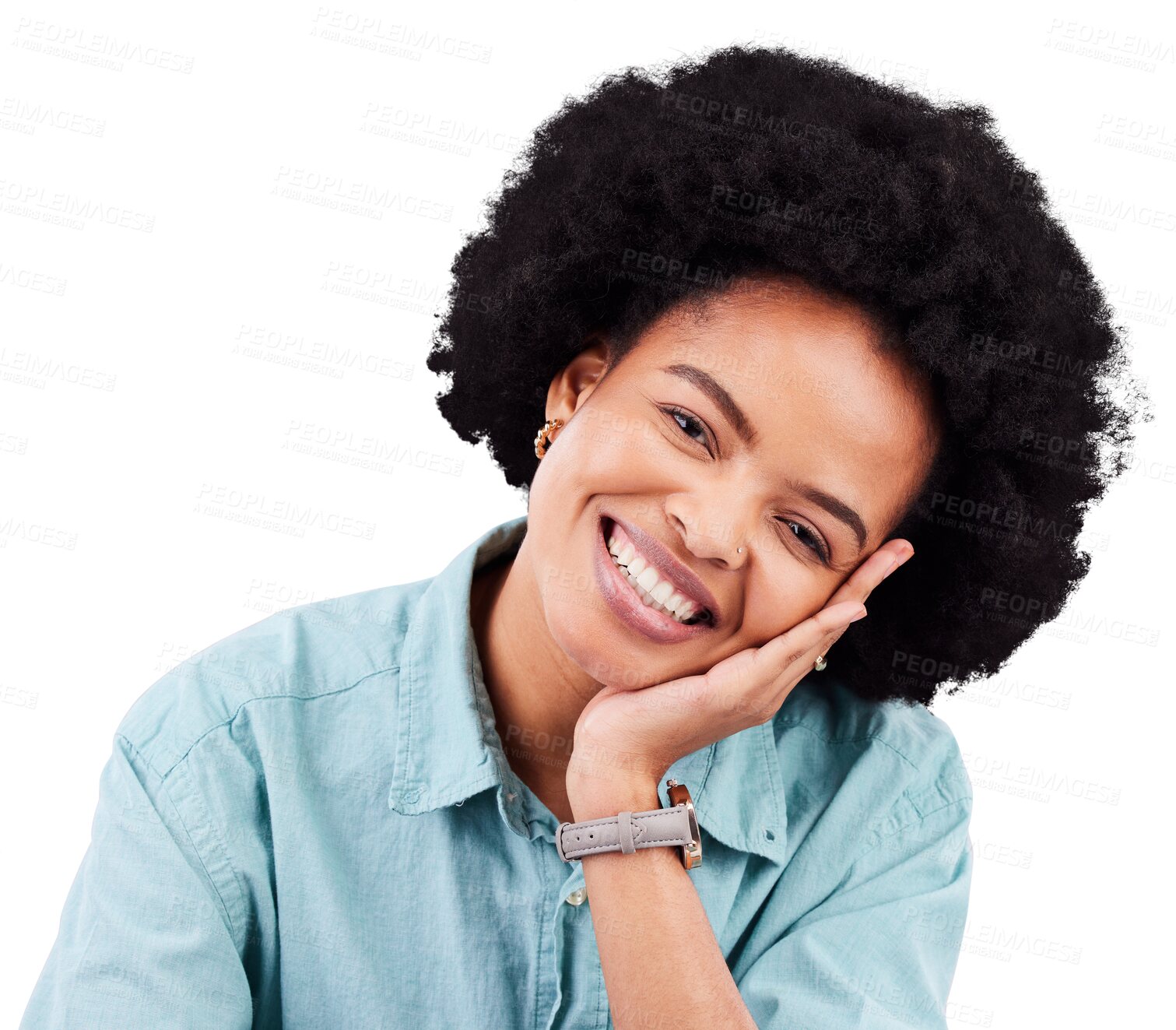 Buy stock photo Portrait, fashion and happy with an afro woman isolated on a transparent background for trendy style. Smile, clothes and confident with a young african female model posing on PNG for a magazine cover