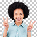 Happy, peace sign and portrait of black woman in studio for positive, agreement and support. Confidence, smile and emoji with female isolated on gray background for friendly, cheerful and carefree