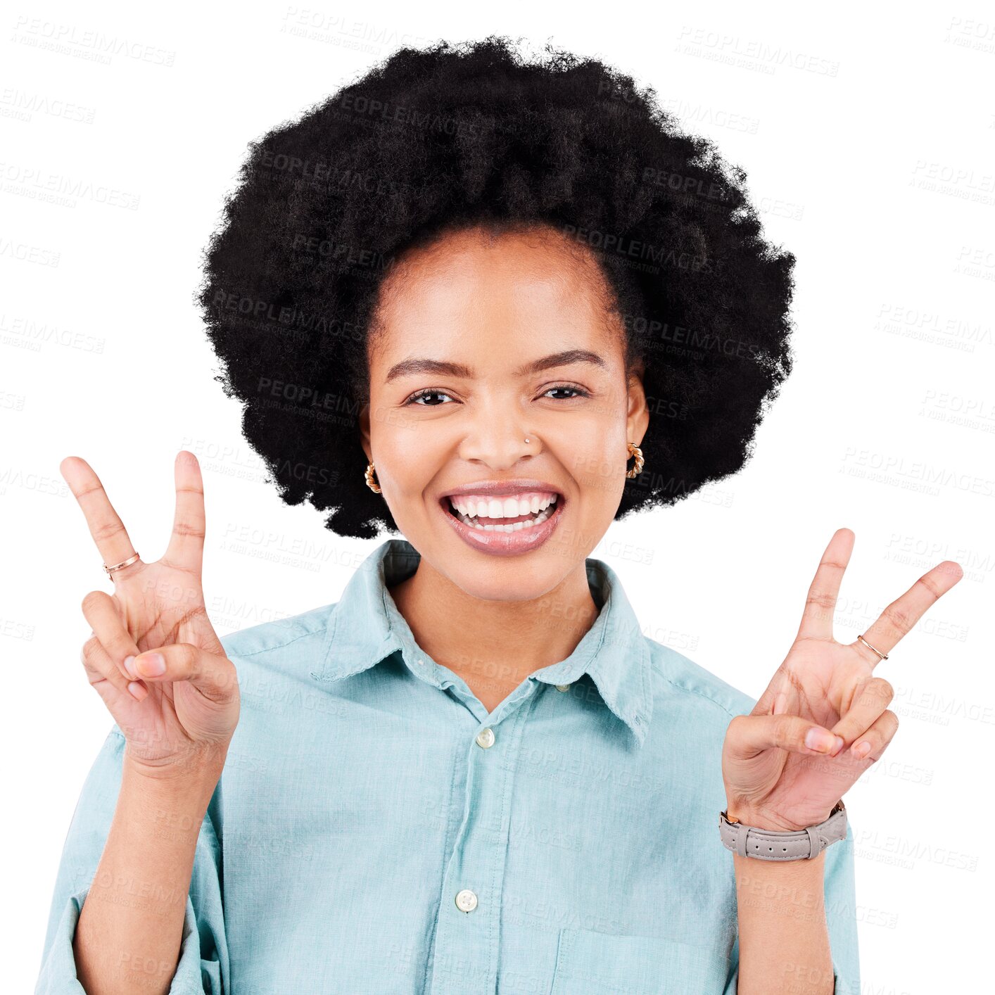 Buy stock photo Hands, peace and portrait of happy black woman on isolated, transparent or png background. V, finger and face of African lady with emoji for vote, feedback or review satisfaction or thank you smile
