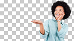 Mockup, product placement and black woman with hands in studio for advertising, marketing and branding. Happy, smile and isolated girl with gesture on white background for show, choice and promotion