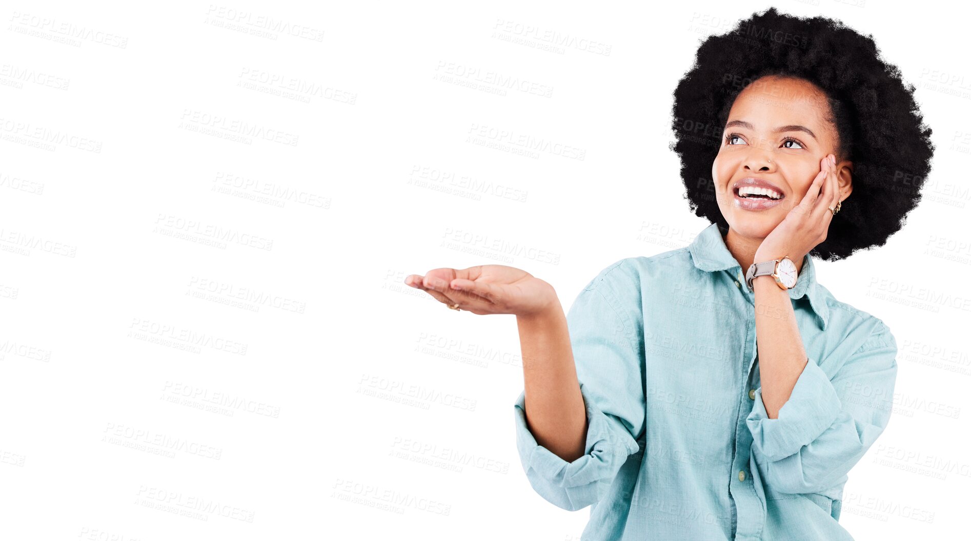 Buy stock photo Thinking, showing and black woman with hands, opportunity and promotion isolated against a transparent background. Ideas, female person and happy model with happiness, choice and decision with png