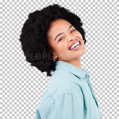 Buy stock photo Portrait, excited and a black woman with fashion or an afro with style isolated on a transparent png background. Face, casual and an African female person or model with confidence and a smile