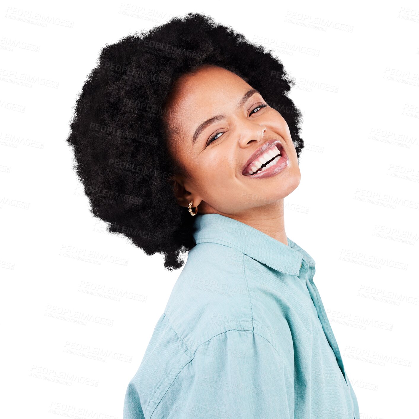 Buy stock photo Portrait, excited and a black woman with fashion or an afro with style isolated on a transparent png background. Face, casual and an African female person or model with confidence and a smile