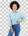 Happy, smile and portrait of black woman in studio for confidence, positive and empowerment. Happiness, funny and elegant with face of female isolated on gray background for young, excited and pride