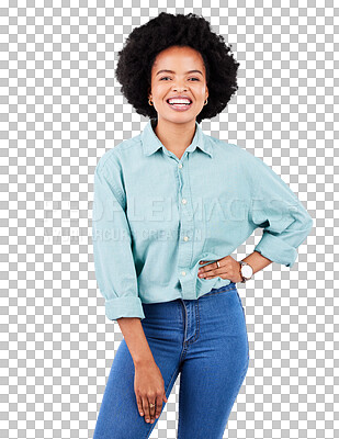 Buy stock photo Portrait, fashion and happy with a black woman isolated on a transparent background for trendy style. Smile, clothes and confident with a young afro female model posing on PNG for a magazine cover