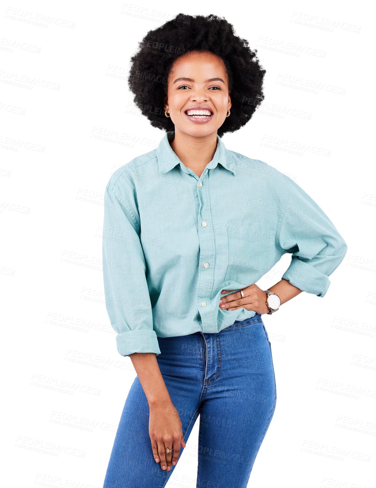 Buy stock photo Portrait, fashion and happy with a black woman isolated on a transparent background for trendy style. Smile, clothes and confident with a young afro female model posing on PNG for a magazine cover