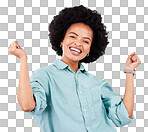 Happy, smile and portrait of black woman in studio for celebration, surprise and confidence. Winner, happiness and good news with female isolated on gray background for cheerful, yes and excited