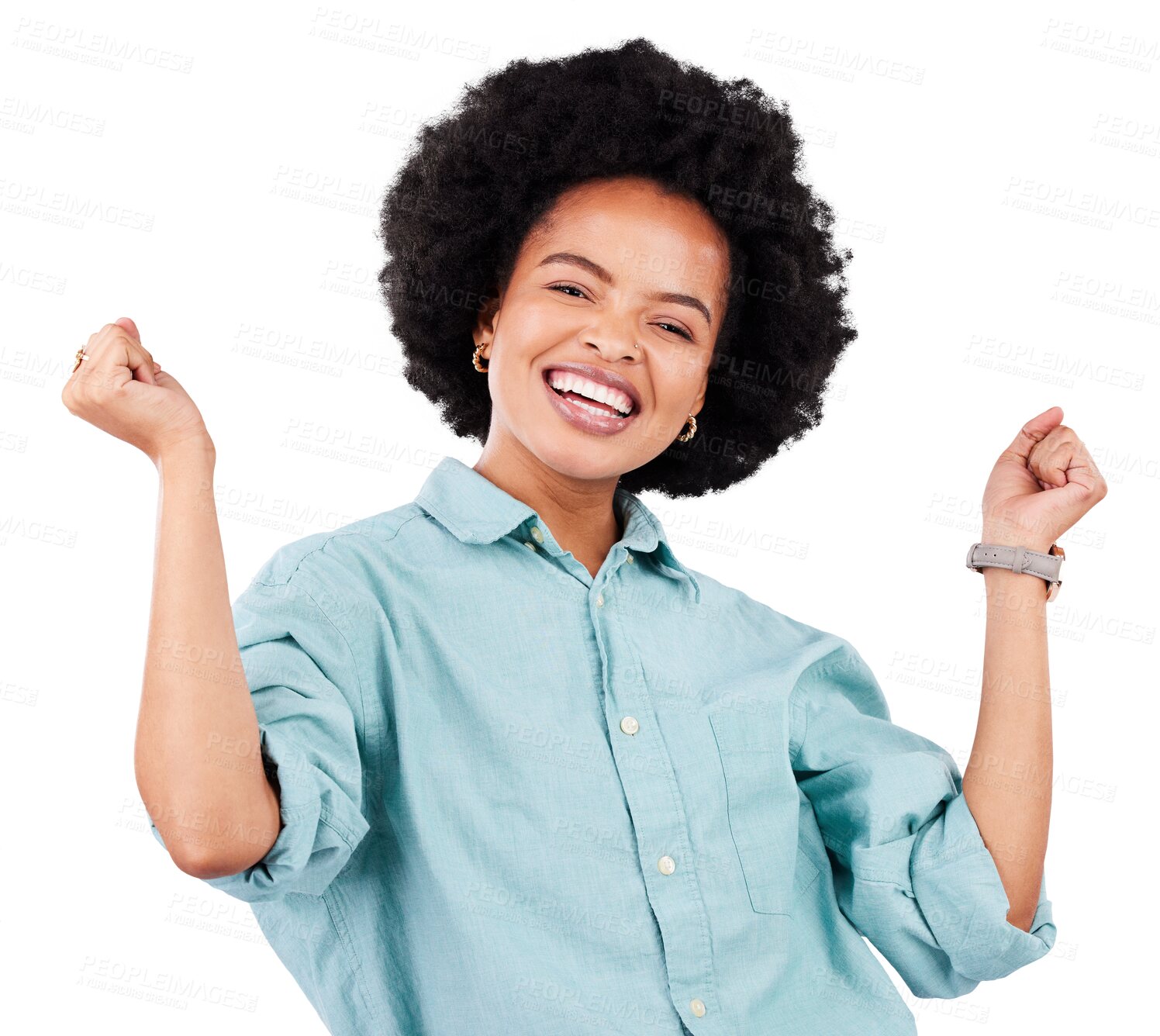 Buy stock photo Isolated African woman, fist celebration and portrait with smile, success or goals by transparent png background. Girl, winner and happy for achievement, competition or reward for stock market profit