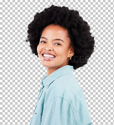 Buy stock photo Face, happy and portrait of a black woman for afro or style isolated on a transparent, png background. Headshot, casual and african female person excited, confident and beauty with a positive mindset