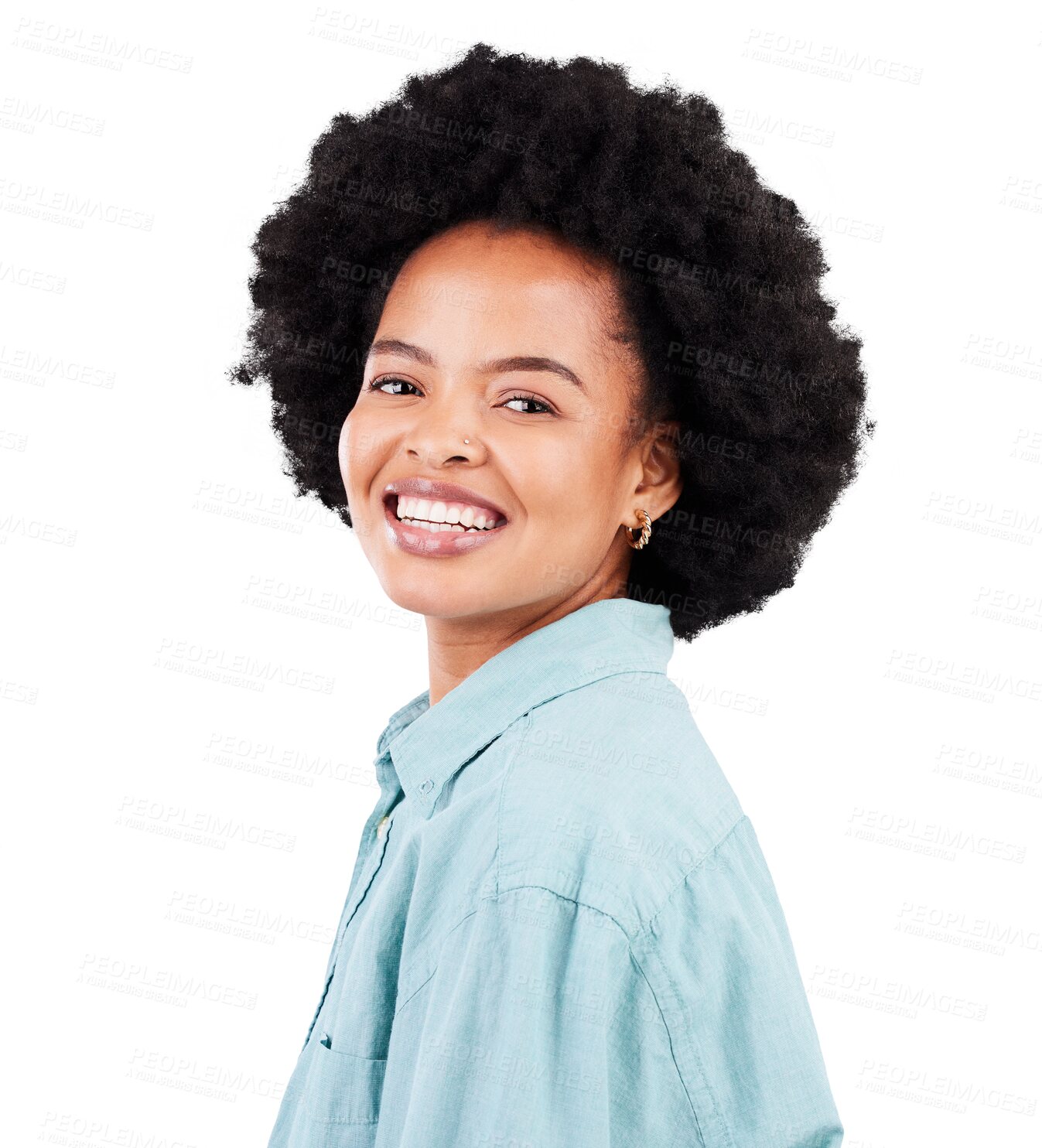 Buy stock photo Face, happy and portrait of a black woman for afro or style isolated on a transparent, png background. Headshot, casual and african female person excited, confident and beauty with a positive mindset