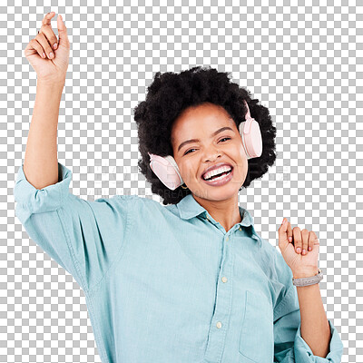 Buy stock photo Woman, dance portrait and headphones listening to music or streaming service isolated on transparent png background. Celebration, audio technology or excited african person happy for radio or podcast