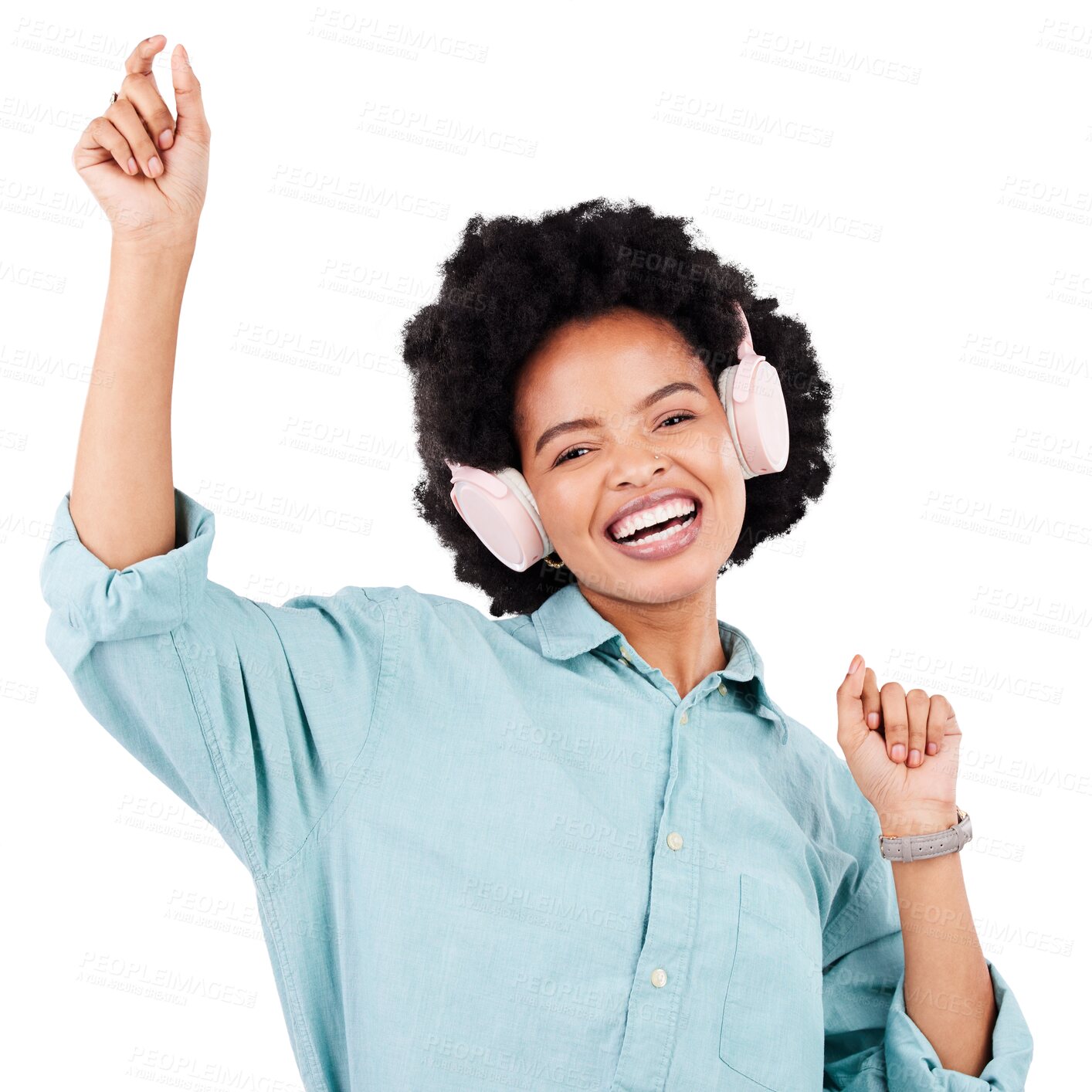 Buy stock photo Woman, dance portrait and headphones listening to music or streaming service isolated on transparent png background. Celebration, audio technology or excited african person happy for radio or podcast