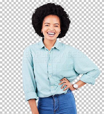 Buy stock photo Laugh, happy and portrait of a black woman for afro and style isolated on a transparent, png background. Hand on hip, casual and funny african female person, confident with a positive mindset