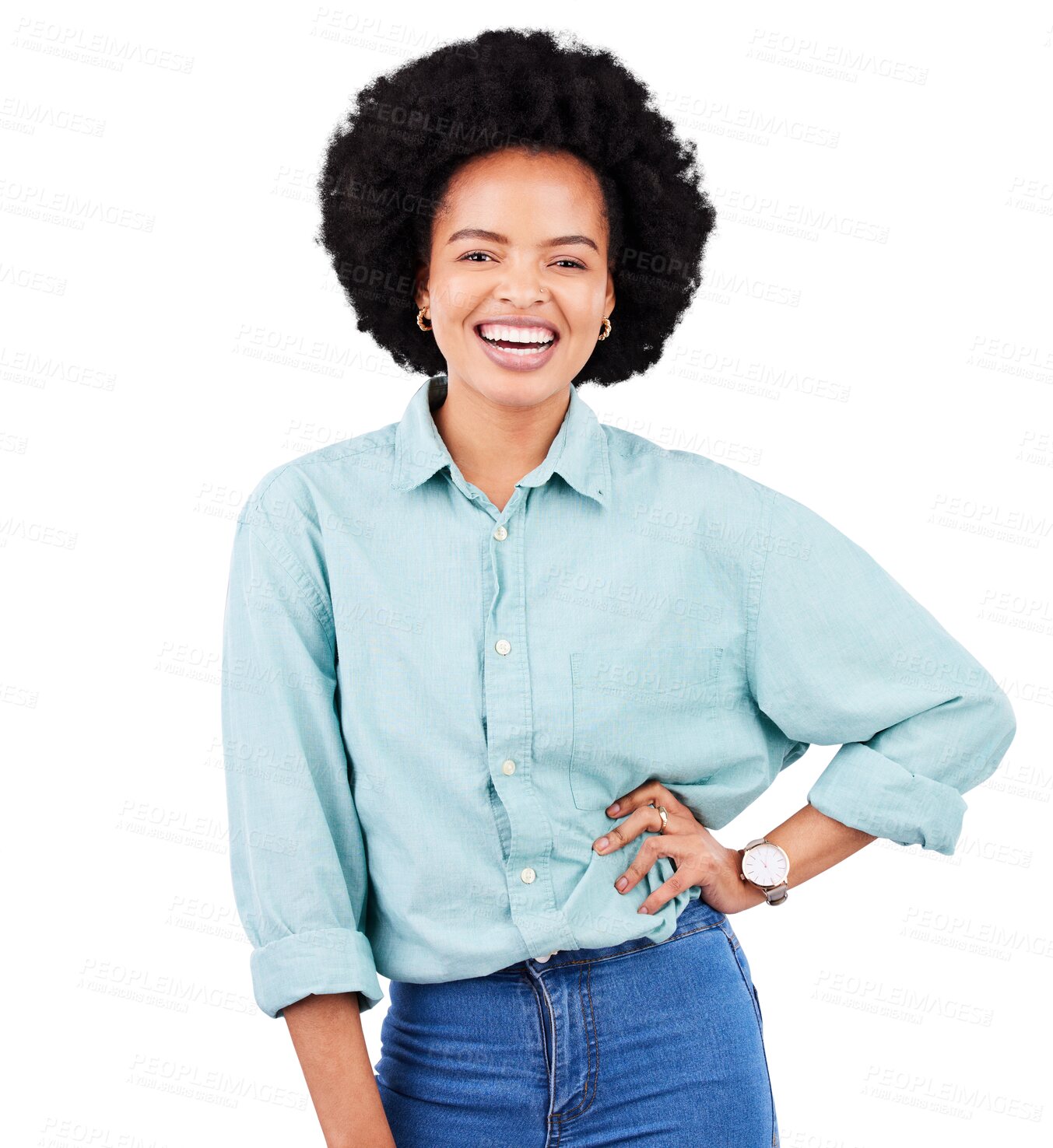 Buy stock photo Laugh, happy and portrait of a black woman for afro and style isolated on a transparent, png background. Hand on hip, casual and funny african female person, confident with a positive mindset