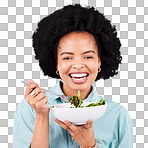 Health, salad and portrait of a black woman in studio eating vegetables for nutrition or vegan diet. Happy African female with a smile for healthy food, detox and wellness benefits for motivation 