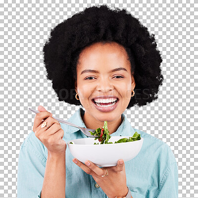 Health, salad and portrait of a black woman in studio eating vegetables for nutrition or vegan diet. Happy African female with a smile for healthy food, detox and wellness benefits for motivation