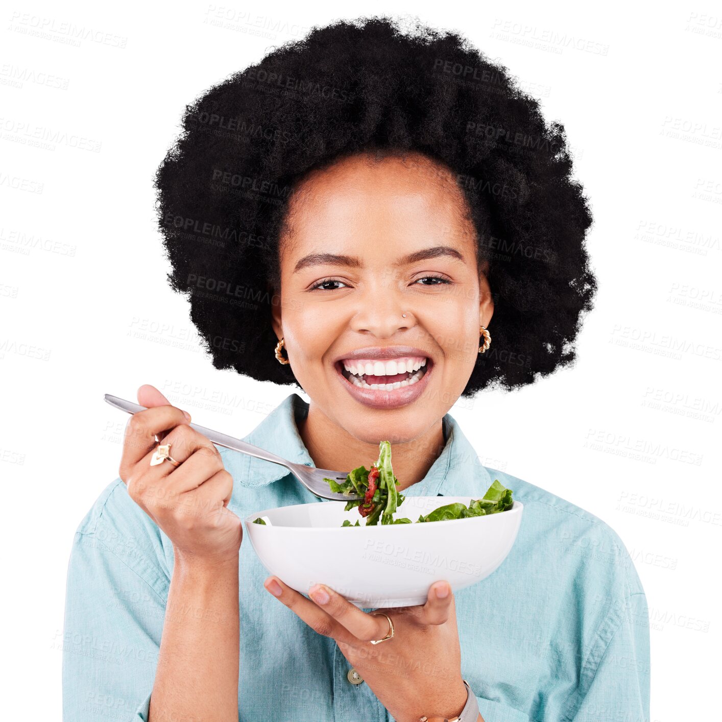 Buy stock photo Health, salad and portrait of black woman with vegetables for nutrition or eating a vegan diet. Happy, African female and smile for healthy food isolated on a transparent png background for wellness