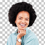 Happy, laugh and portrait of black woman in studio for confidence, positive and empowerment. Happiness, funny and elegant with face of female isolated on gray background for young, excited and pride