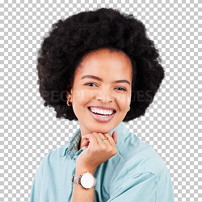 Buy stock photo Happy, face and portrait of a black woman for afro and style isolated on a transparent, png background. Headshot, casual and african female person excited, confident and beauty with positive mindset