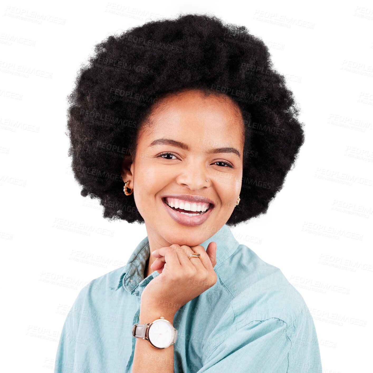 Buy stock photo Happy, face and portrait of a black woman for afro and style isolated on a transparent, png background. Headshot, casual and african female person excited, confident and beauty with positive mindset