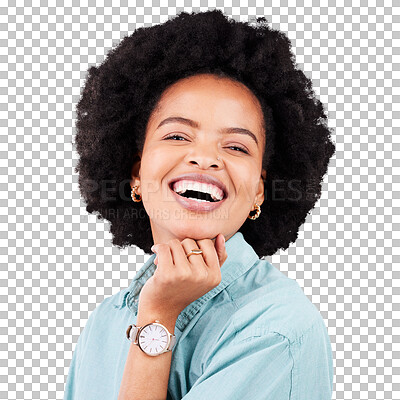 Buy stock photo Laugh, face and happy portrait of a black woman for afro and style isolated on a transparent, png background. Headshot, casual and african female person with confidence, beauty and a positive mindset