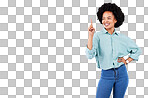 Mockup, copy space and black woman point in studio for advertising, product placement and branding. Happy, smile and isolated female pointing on white background for show, choice and promotion sign