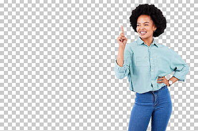 Buy stock photo Hand pointing, smile and black woman with timeline, information or checklist on isolated, transparent or png background. About us ,presentation and happy African lady with news, feedback or review