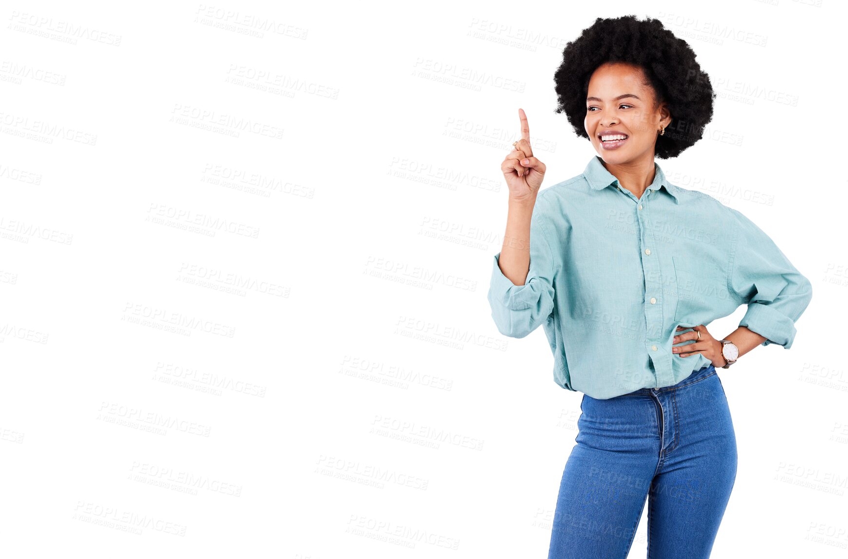 Buy stock photo Hand pointing, smile and black woman with timeline, information or checklist on isolated, transparent or png background. About us ,presentation and happy African lady with news, feedback or review