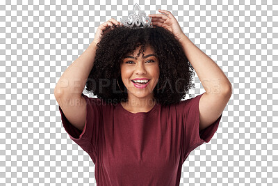 Buy stock photo Happy, smile and portrait of a woman with a crown for royalty, winning and success with style. Happiness, excited and young female model with a princess tiara isolated by a transparent png background