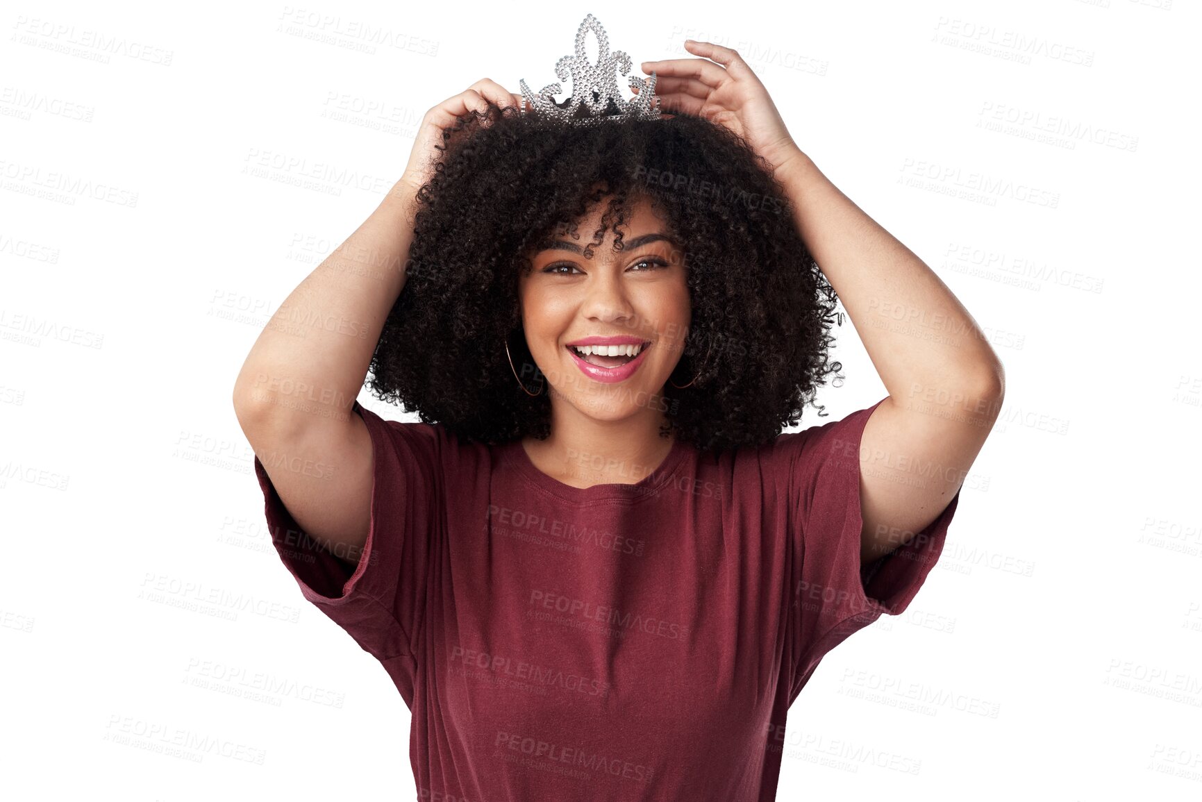 Buy stock photo Happy, smile and portrait of a woman with a crown for royalty, winning and success with style. Happiness, excited and young female model with a princess tiara isolated by a transparent png background