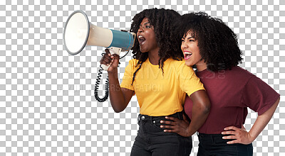 Buy stock photo Megaphone, fashion and woman or friends voice for news, broadcast or student sale isolated on transparent png background. African people, gen z or youth announcement and clothes promotion or discount