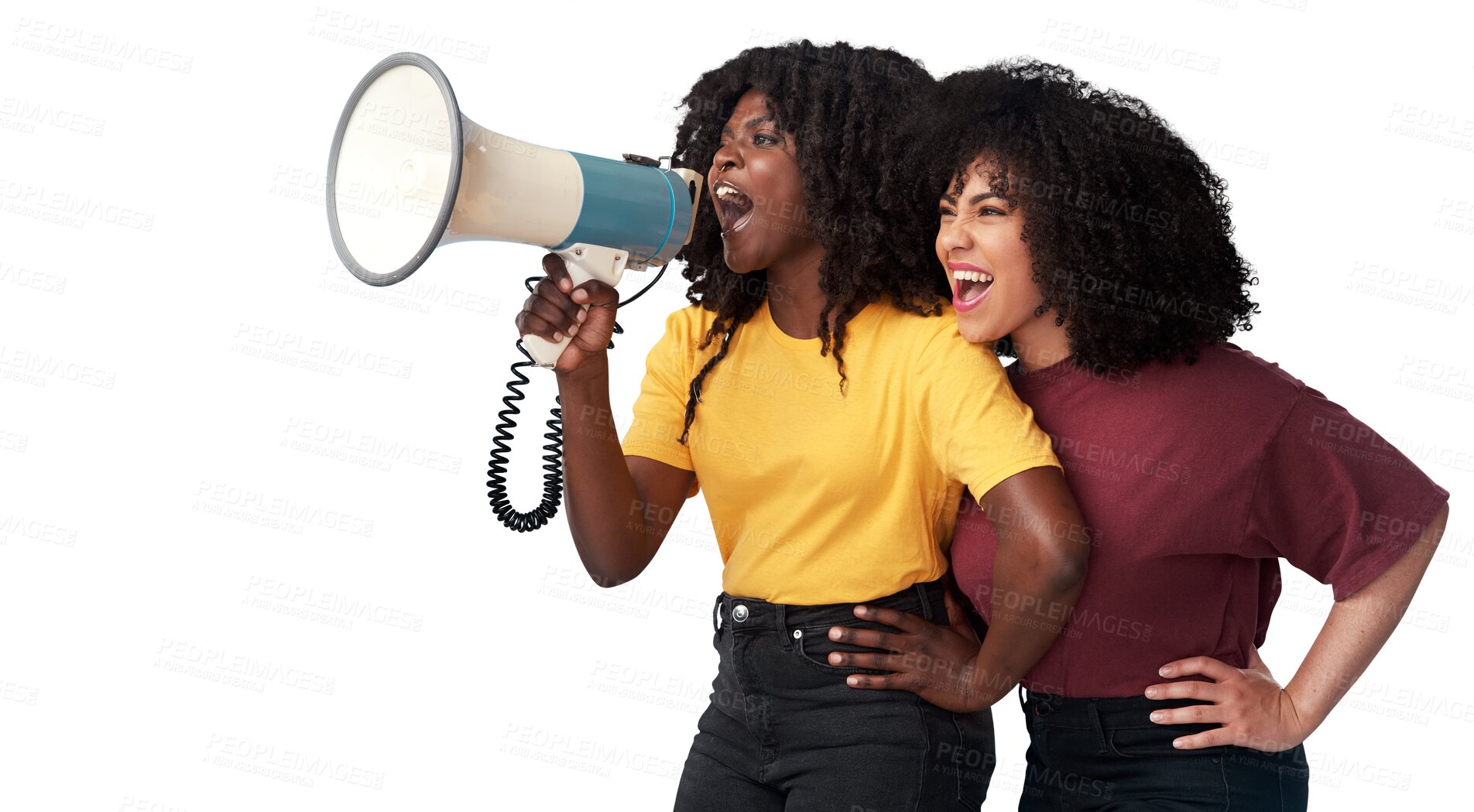 Buy stock photo Megaphone, fashion and woman or friends voice for news, broadcast or student sale isolated on transparent png background. African people, gen z or youth announcement and clothes promotion or discount