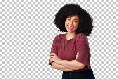 Buy stock photo Isolated woman, afro and portrait with arms crossed, smile or excited with confidence by transparent png background. Girl, fashion model and happy with natural hair style, beauty and cosmetics