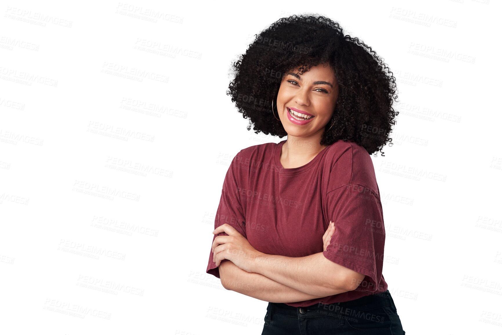 Buy stock photo Isolated woman, afro and portrait with arms crossed, smile or excited with confidence by transparent png background. Girl, fashion model and happy with natural hair style, beauty and cosmetics