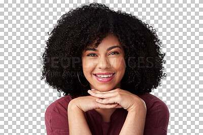 Buy stock photo Happy, beautiful and portrait of a confident woman with an afro, beauty and makeup. Smile, hair care and a young model or girl with facial cosmetics and isolated on a transparent png background