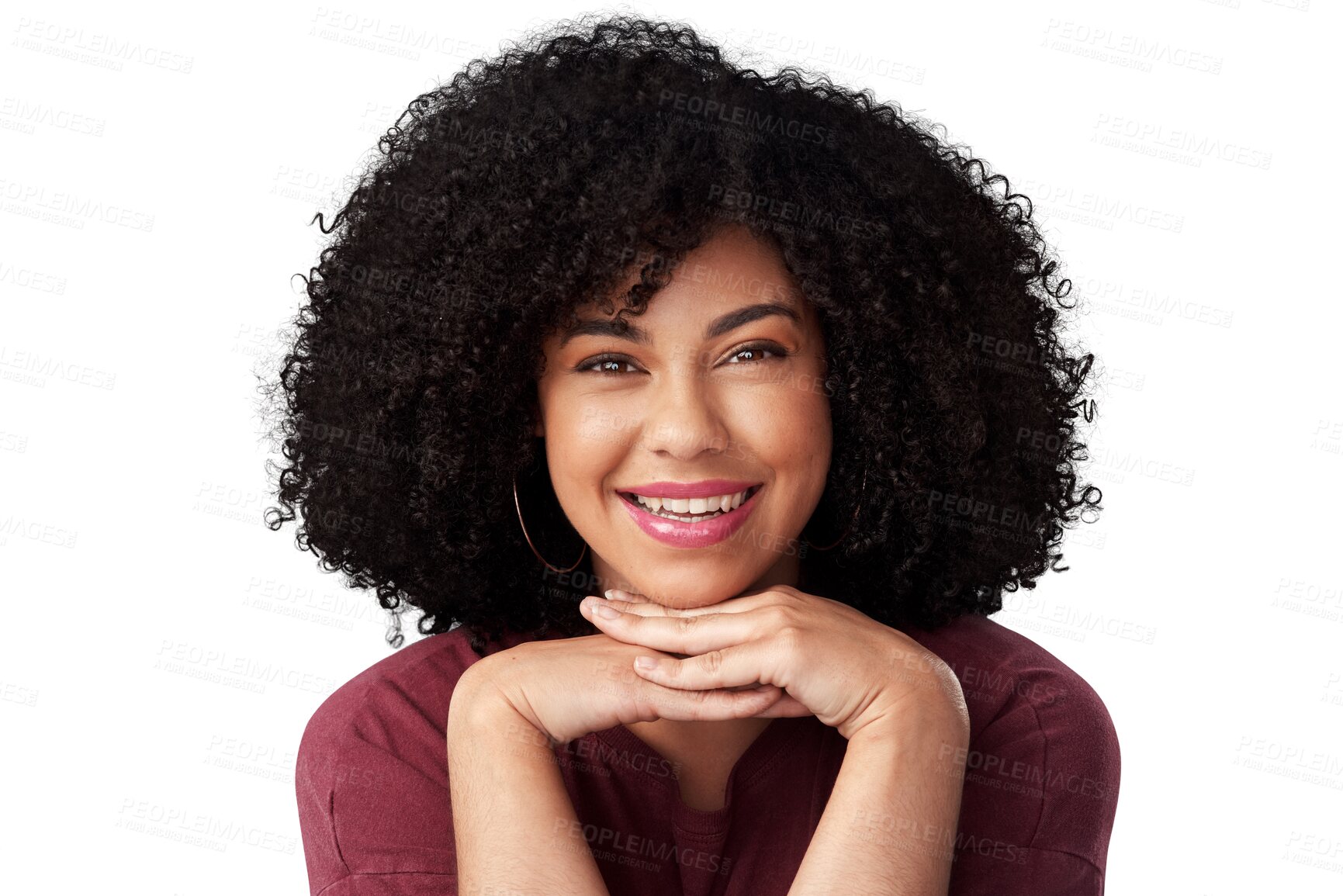 Buy stock photo Happy, beautiful and portrait of a confident woman with an afro, beauty and makeup. Smile, hair care and a young model or girl with facial cosmetics and isolated on a transparent png background