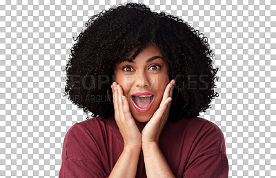 Buy stock photo Surprise, happy and portrait of a woman with shock for winning, success or achievement. Happiness, excited and headshot of a young female model with scream face isolated by transparent png background