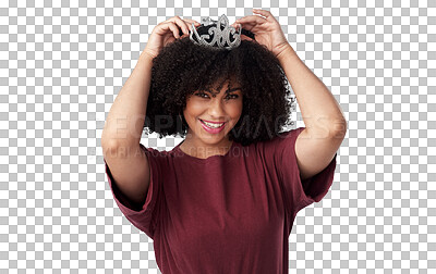 Buy stock photo Happy, beautiful and portrait of a woman with a tiara for royalty, winning and success with style. Happiness, smile and young female model with a princess crown isolated by transparent png background