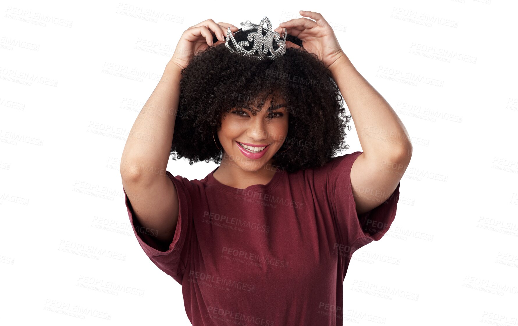 Buy stock photo Happy, beautiful and portrait of a woman with a tiara for royalty, winning and success with style. Happiness, smile and young female model with a princess crown isolated by transparent png background