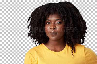 Buy stock photo Serious, portrait and a beautiful black woman with an afro, fashionable and trendy style. Hair care, beauty and an African model or young face with cosmetics isolated on a transparent png background