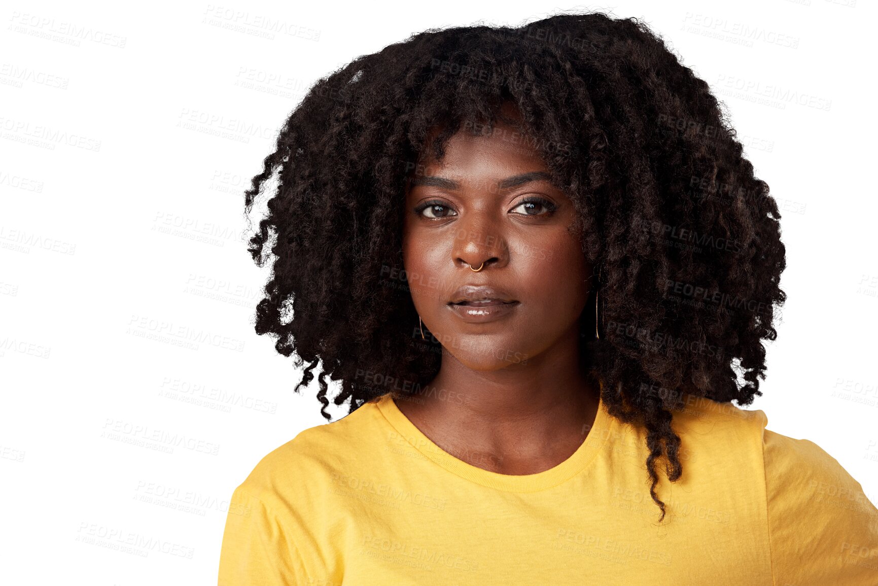 Buy stock photo Serious, portrait and a beautiful black woman with an afro, fashionable and trendy style. Hair care, beauty and an African model or young face with cosmetics isolated on a transparent png background