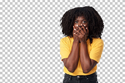 Buy stock photo Portrait, news and black woman shocked, announcement and gossip isolated against a transparent background. Female person, wow and model with facial expression, omg and png with emoji and surprise