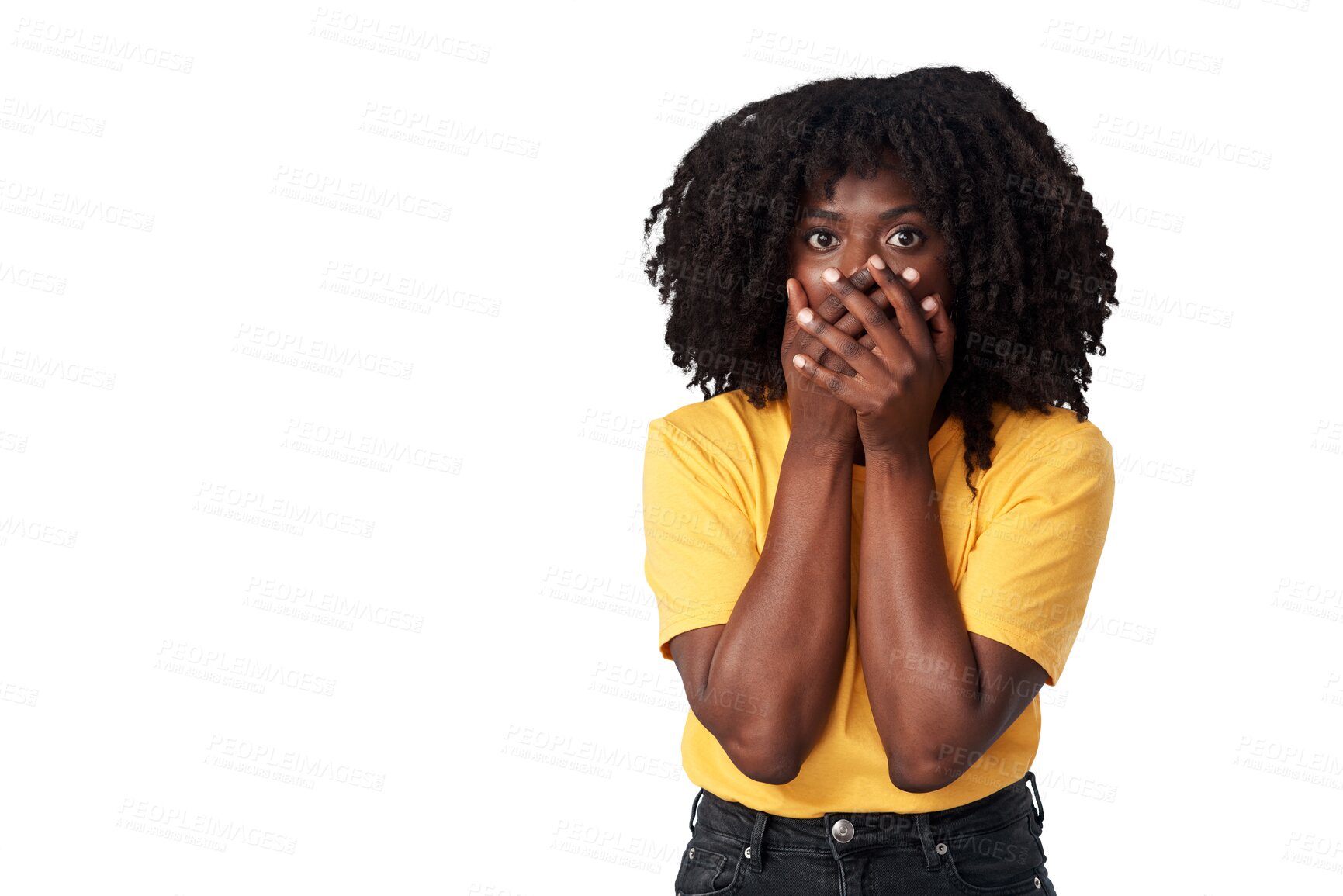 Buy stock photo Portrait, news and black woman shocked, announcement and gossip isolated against a transparent background. Female person, wow and model with facial expression, omg and png with emoji and surprise