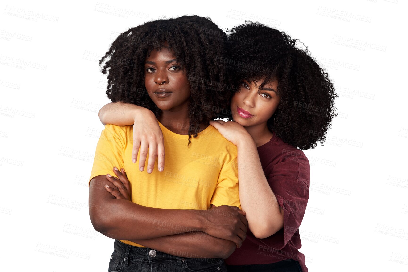 Buy stock photo Women, friends and hug, portrait and hair with beauty, attractive and diversity on png transparent background. Young, gen z and friendship with female people and afro hairstyle, trust and support