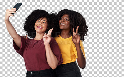 Buy stock photo Selfie, peace sign and woman friends for social media or content creation isolated on transparent, png background. Gen z, natural hair influencer or african people in online profile picture and emoji