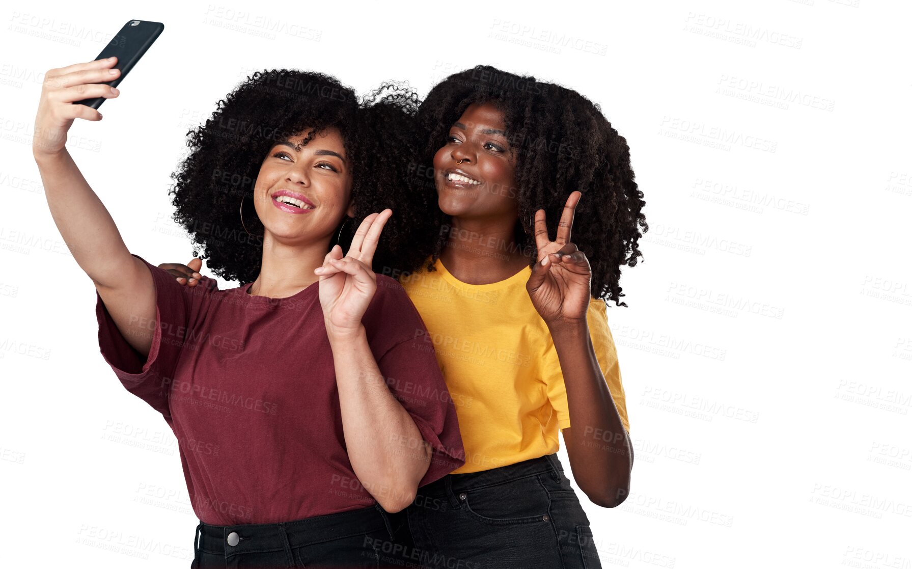 Buy stock photo Selfie, peace sign and woman friends for social media or content creation isolated on transparent, png background. Gen z, natural hair influencer or african people in online profile picture and emoji