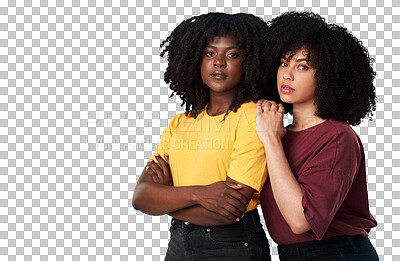 Buy stock photo Black women, serious and portrait of friends together for fashion, empowerment or freedom. Young african people isolated on a transparent, png background for motivation, cosmetics and support or care